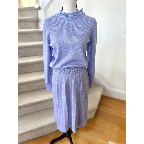 Vintage 1950s Lavender Purple Knit Sweater & Skirt Beaded Bow Set - Picture 1 of 6